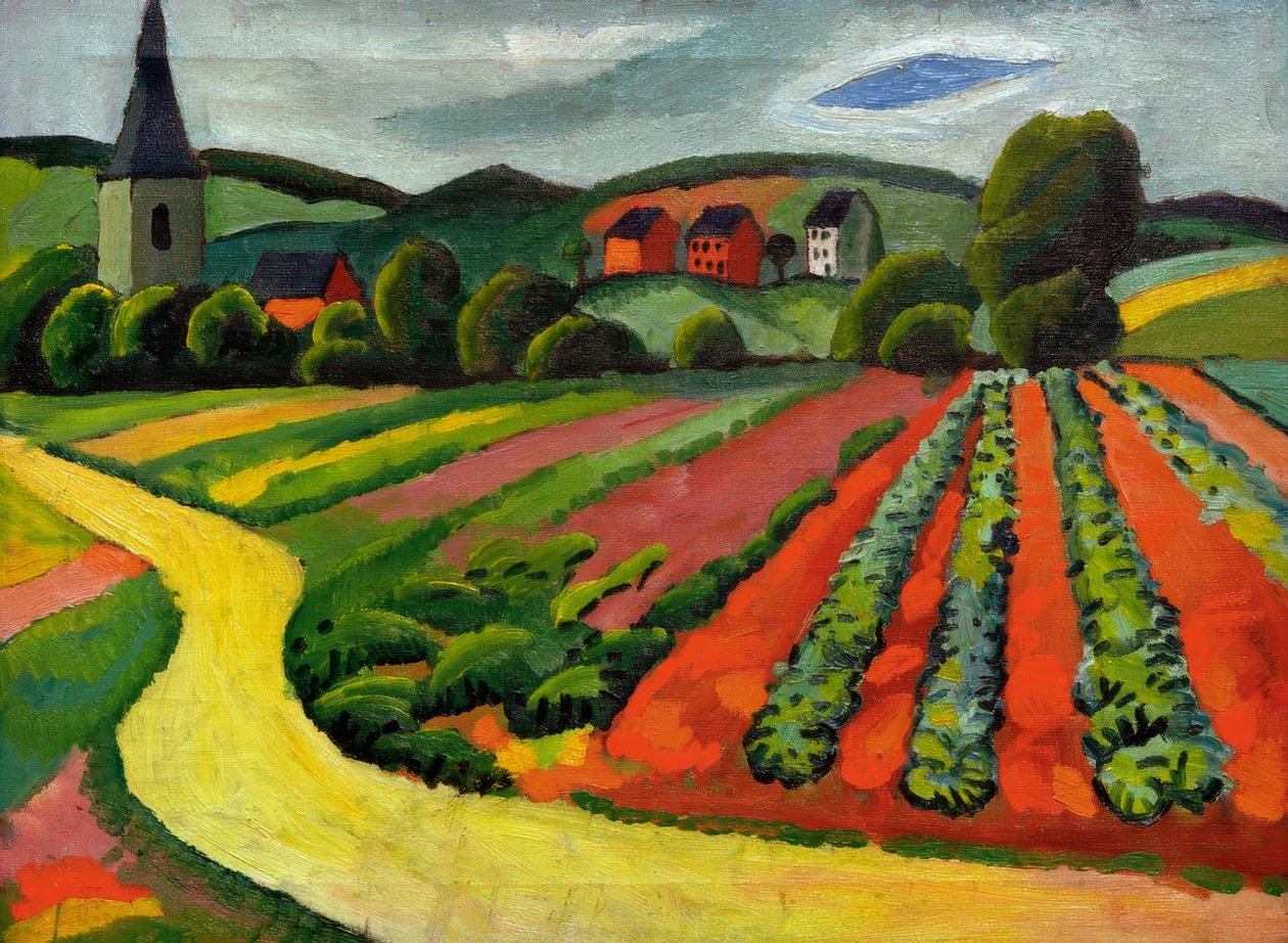 Táj templommal és ösvényrel alkotó: August Macke