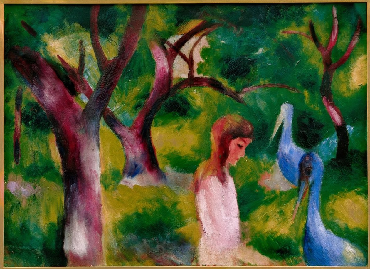 Lány kék madarakkal alkotó: August Macke