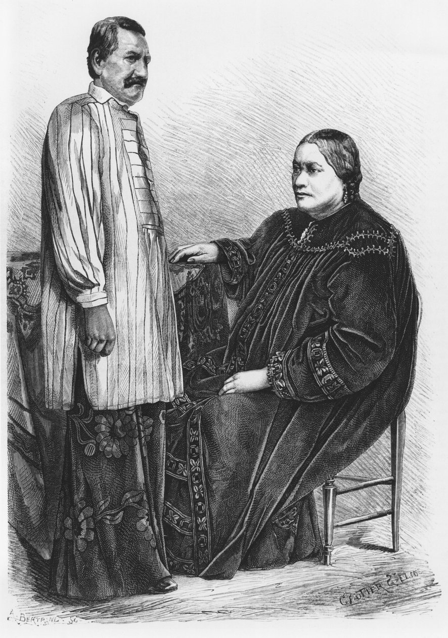 IV. Pomare királynő (1827-77), Tahiti királynője és férje, illusztráció a „Le Tour du monde”-ból, vésett Gautier, Saint-Elme (szül. 1849) 1876 alkotó: Auguste Bertrand