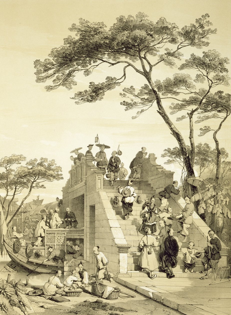 Híd Kanton közelében, 30. tábla a „Sketches of China”-ból, Eugene Ciceri (1813-90) metszet, 1842 (színezett litho) alkotó: Auguste Borget