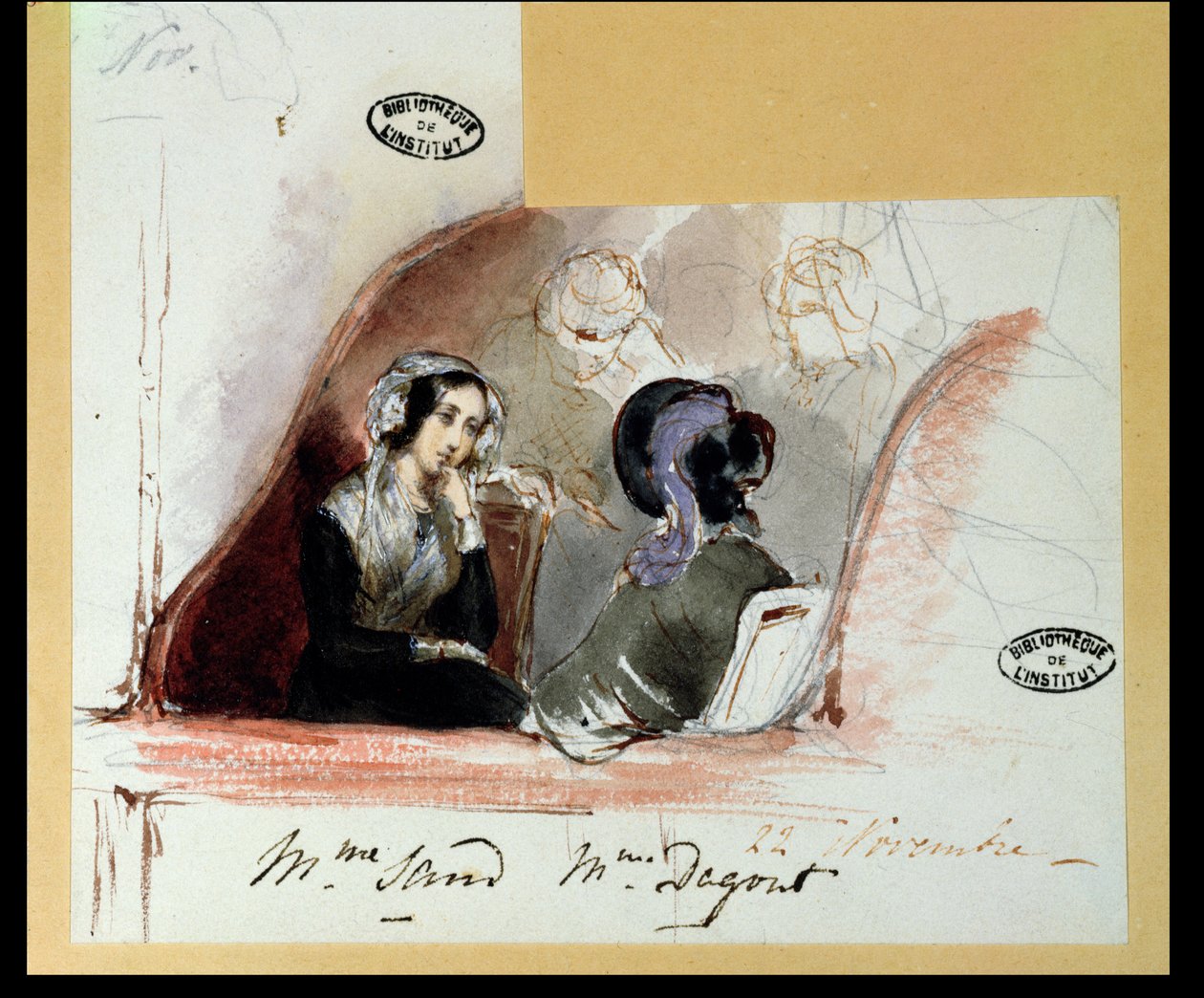 George Sand (1804-76) és Marie de Flavigny (1805-76), Agoult grófnője, a Comedie Francaise-ben, 1834-ben. alkotó: Auguste Odier