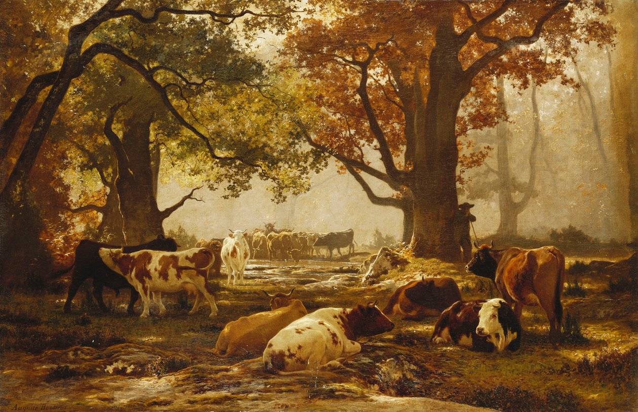 Szarvasmarha erdős folyón, alkotó: Auguste Francois Bonheur