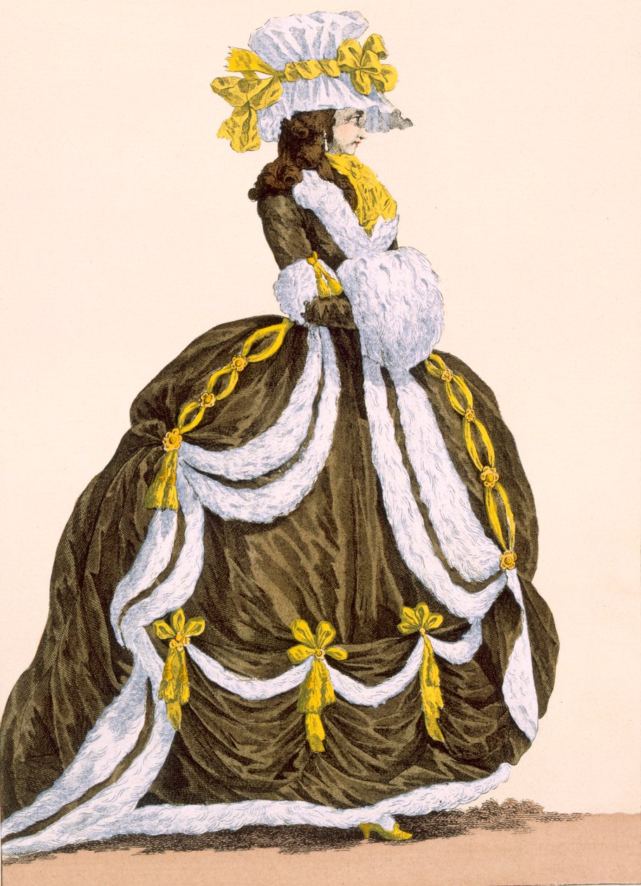 Karamell ruha udvari bemutatásra, Dupin metszetével, 276-os tábla a „Galeries des Modes et Costumes Francais”-ból, 1778-87 körül alkotó: Augustin de Saint Aubin