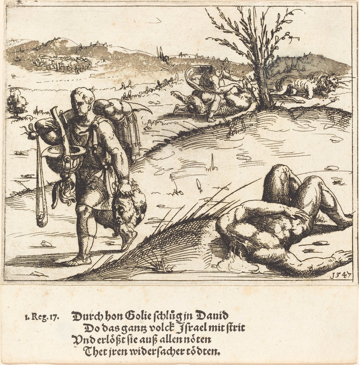 Dávid lefejezi Góliátot, 1547. alkotó: Augustin Hirschvogel