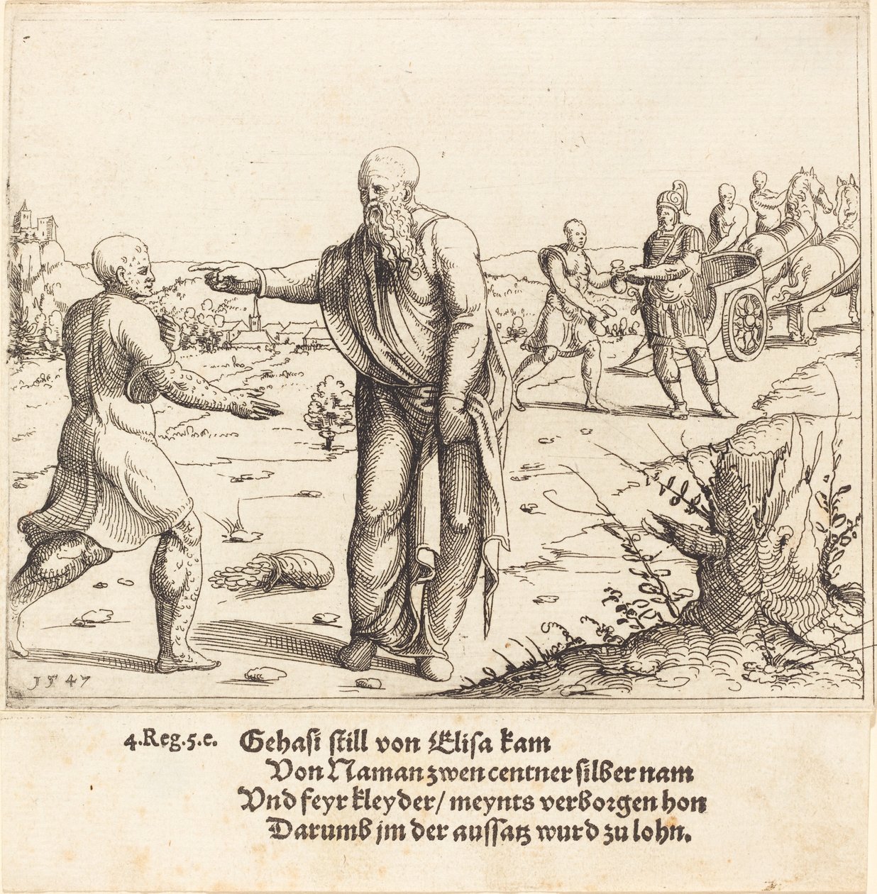 Elizeus megbünteti Géházit Naamán leprájával, 1547. alkotó: Augustin Hirschvogel
