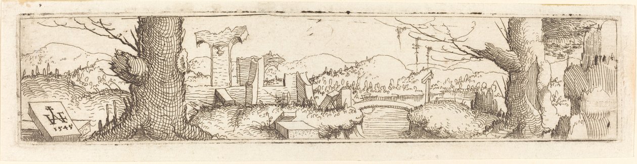 Táj patakkal és romokkal, 1545. alkotó: Augustin Hirschvogel
