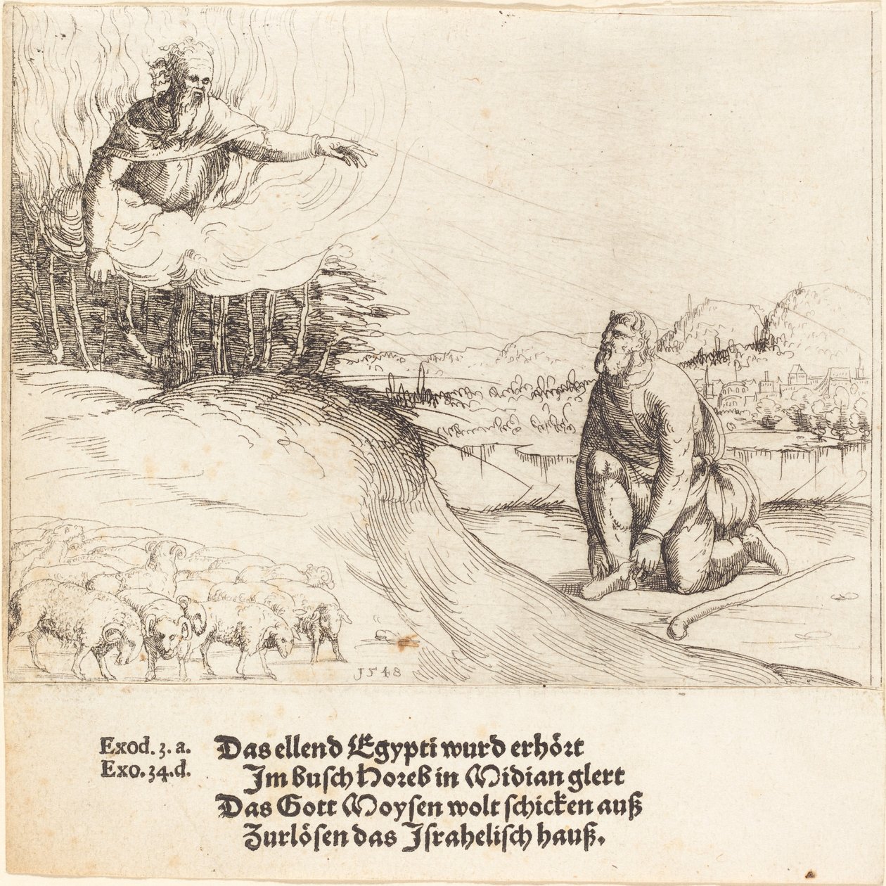 Mózes és az égő bokor, 1548. alkotó: Augustin Hirschvogel