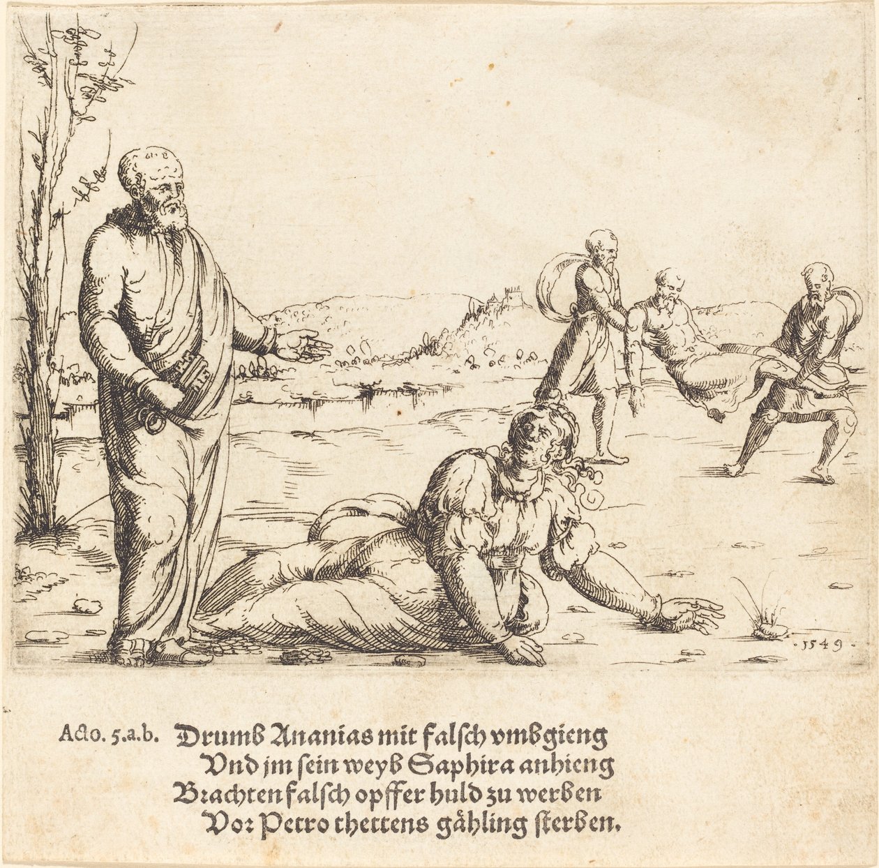 Ananias és Sapphira büntetése, 1549. alkotó: Augustin Hirschvogel