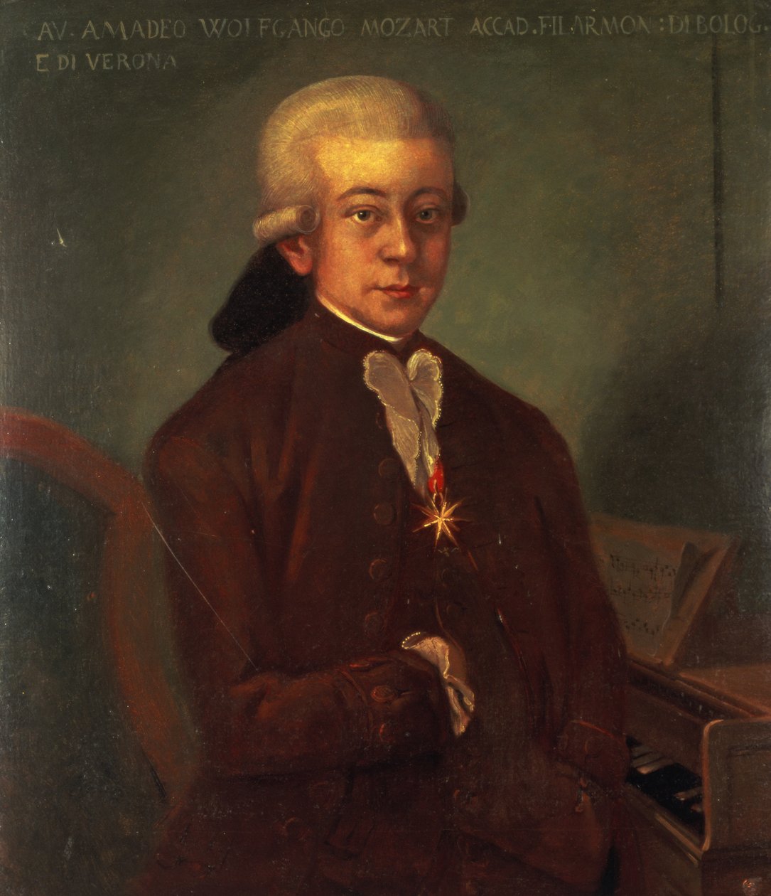 Wolfgang Amadeus Mozart (1756-91) portréja, aki az Aranysarkantyú-rendet viseli, 1777 alkotó: Austrian School