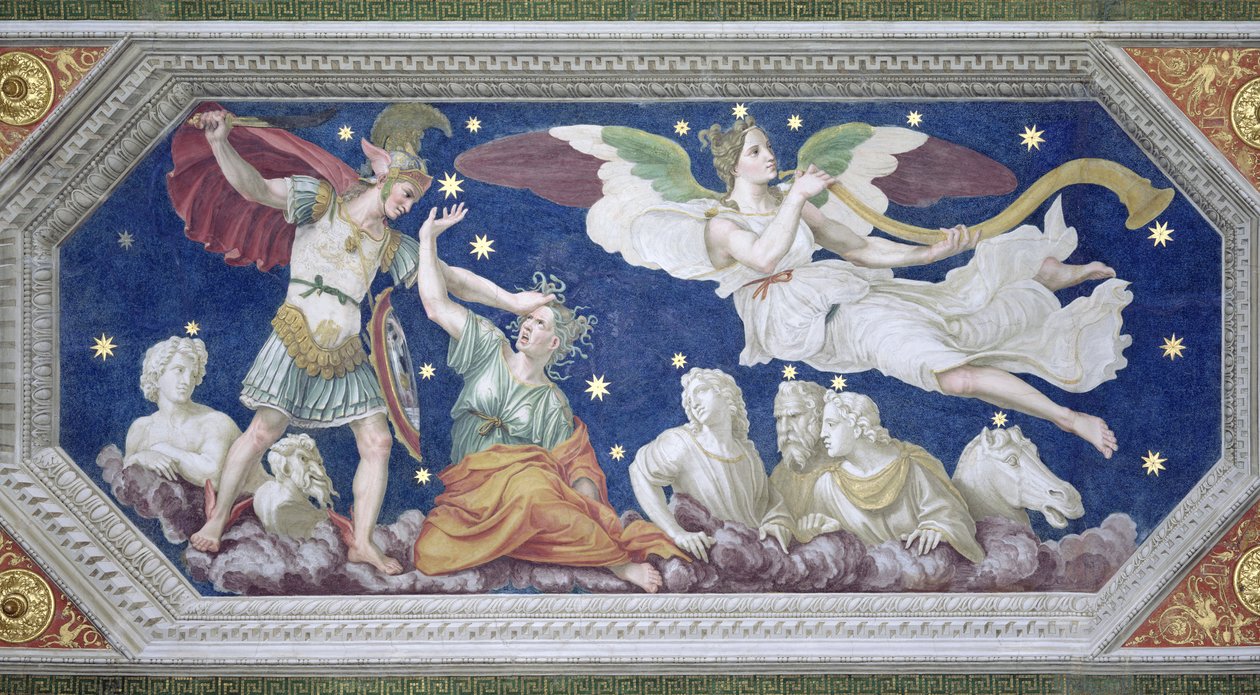 Perszeusz és Medúza, mennyezeti dekoráció a „Sala di Galatea”-ból, 1511-12 alkotó: Baldassarre Peruzzi