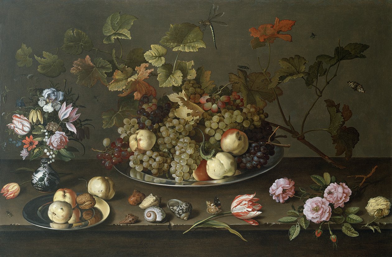 Csendélet gyümölcsökből, virágokból és kagylókból alkotó: Balthasar van der Ast