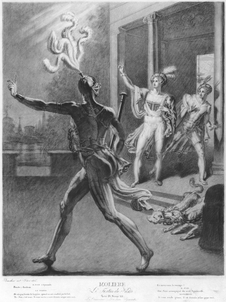 Don Juan és a Commendatore, illusztráció a IV. felvonásból, Don Juan 12. jelenete, vagy Moliere Le Festin de Pierre, 1815 (bw fotó) alkotó: Barathier