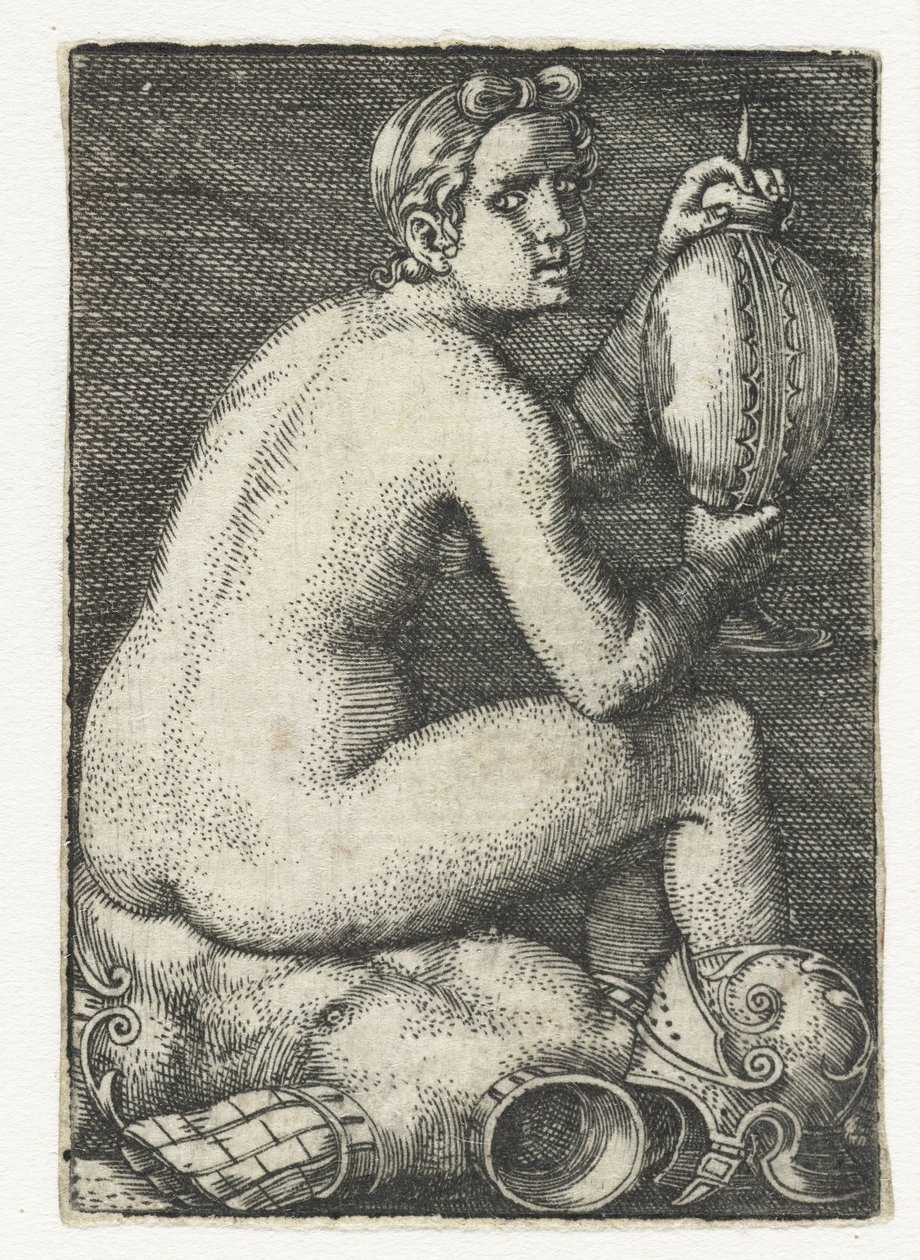 Meztelen nő ül a páncélon alkotó: Barthel Beham