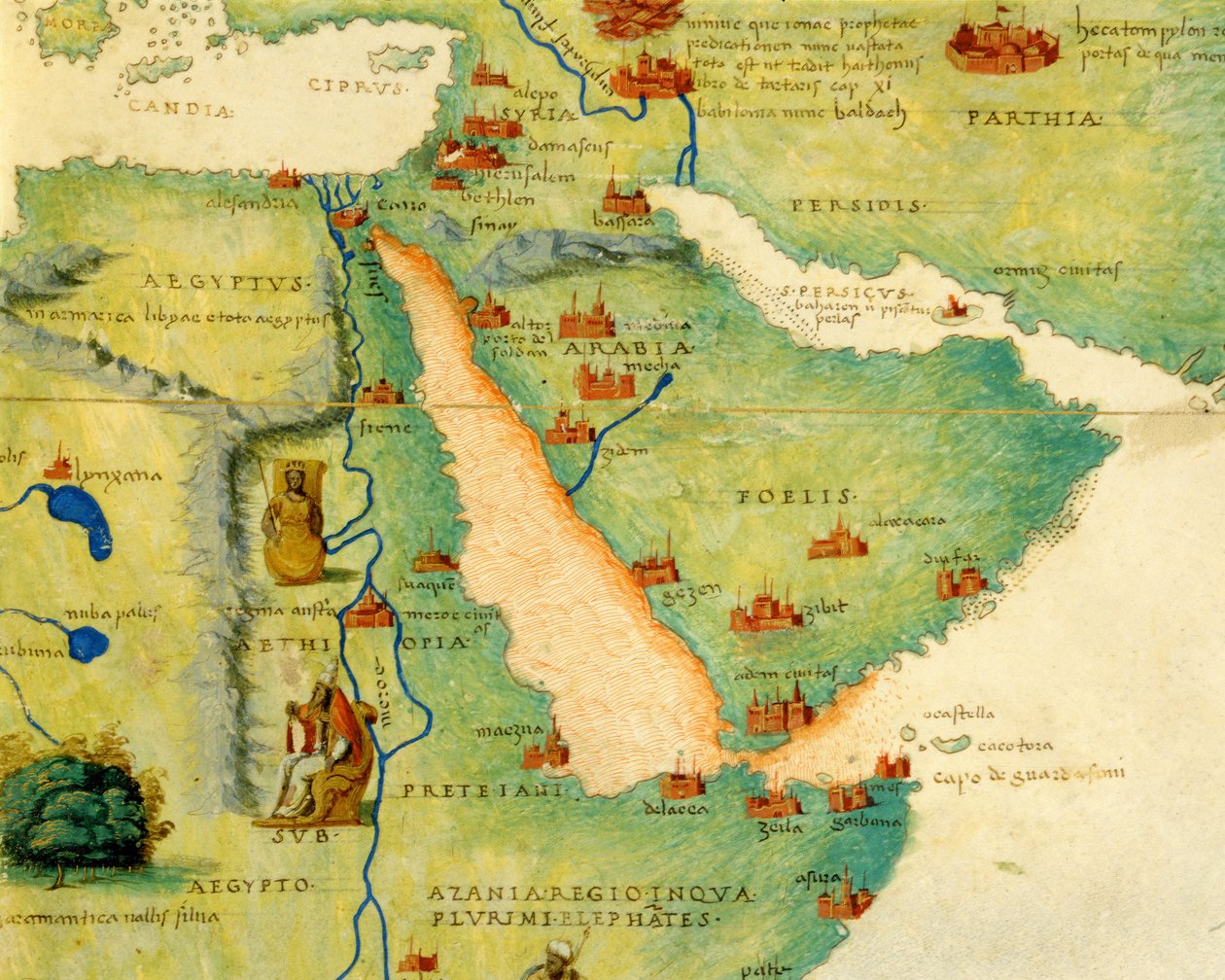 Etiópia, a Vörös-tenger és Szaúd-Arábia, a Világatlasz 33 térképből, Velence, 1553. szeptember 1. (tinta, pergamen) (részlet a 330946-ból). alkotó: Battista Agnese
