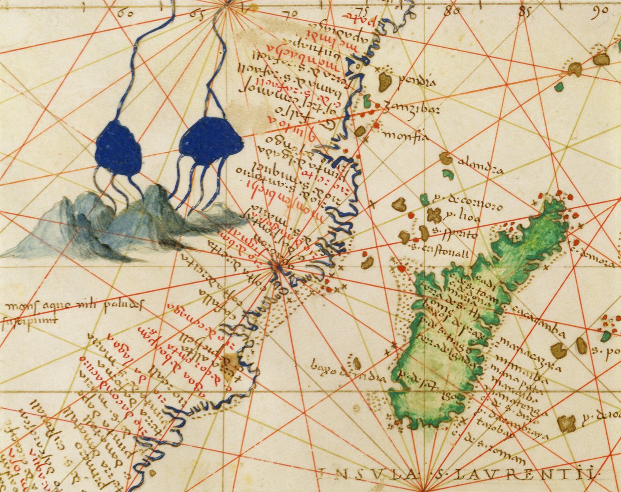Madagaszkár, a világ atlaszából 33 térképen, Velence, 1553. szeptember 1. (tinta pergamen) (részlet a 330955. számból) alkotó: Battista Agnese
