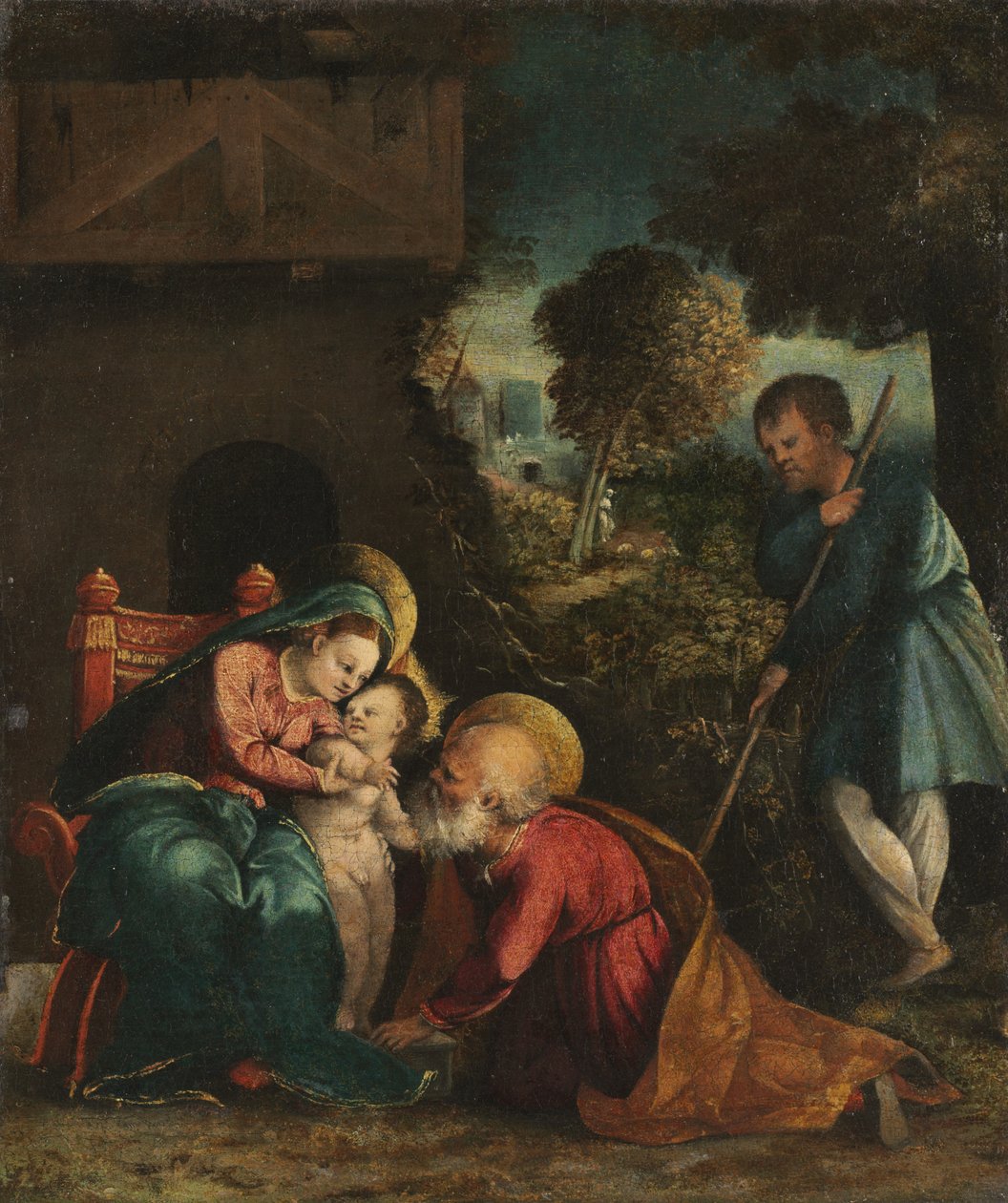 Szent Család pásztorral, 1520-as évek eleje. alkotó: Battista Dossi