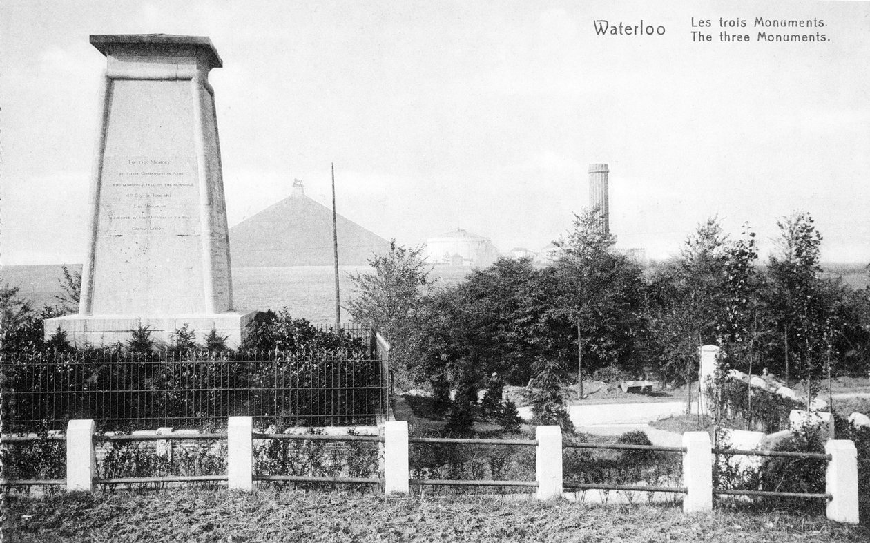 Három emlékművet állítottak a waterlooi csata emlékére, képeslap 1912 körül (photolith) alkotó: Belgian Photographer