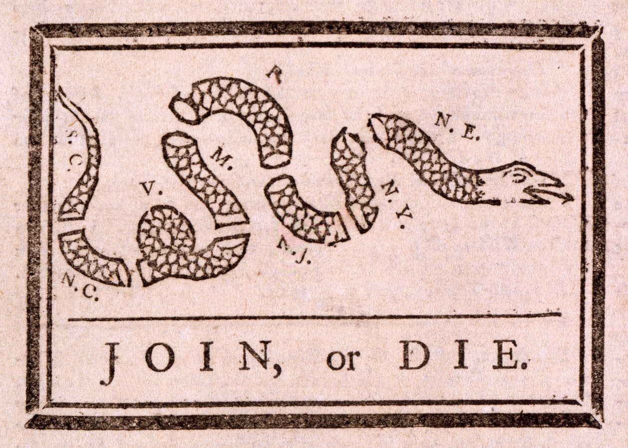 Csatlakozz, vagy halj meg, kocsma. 1754 alkotó: Benjamin Franklin