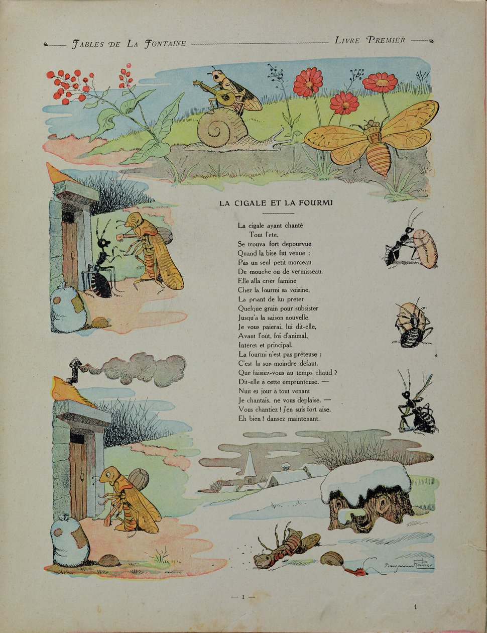 A kabóca és a hangya, Jean de la Fontaine (1621-95) „Fabuláiból” 1906 alkotó: Benjamin Rabier
