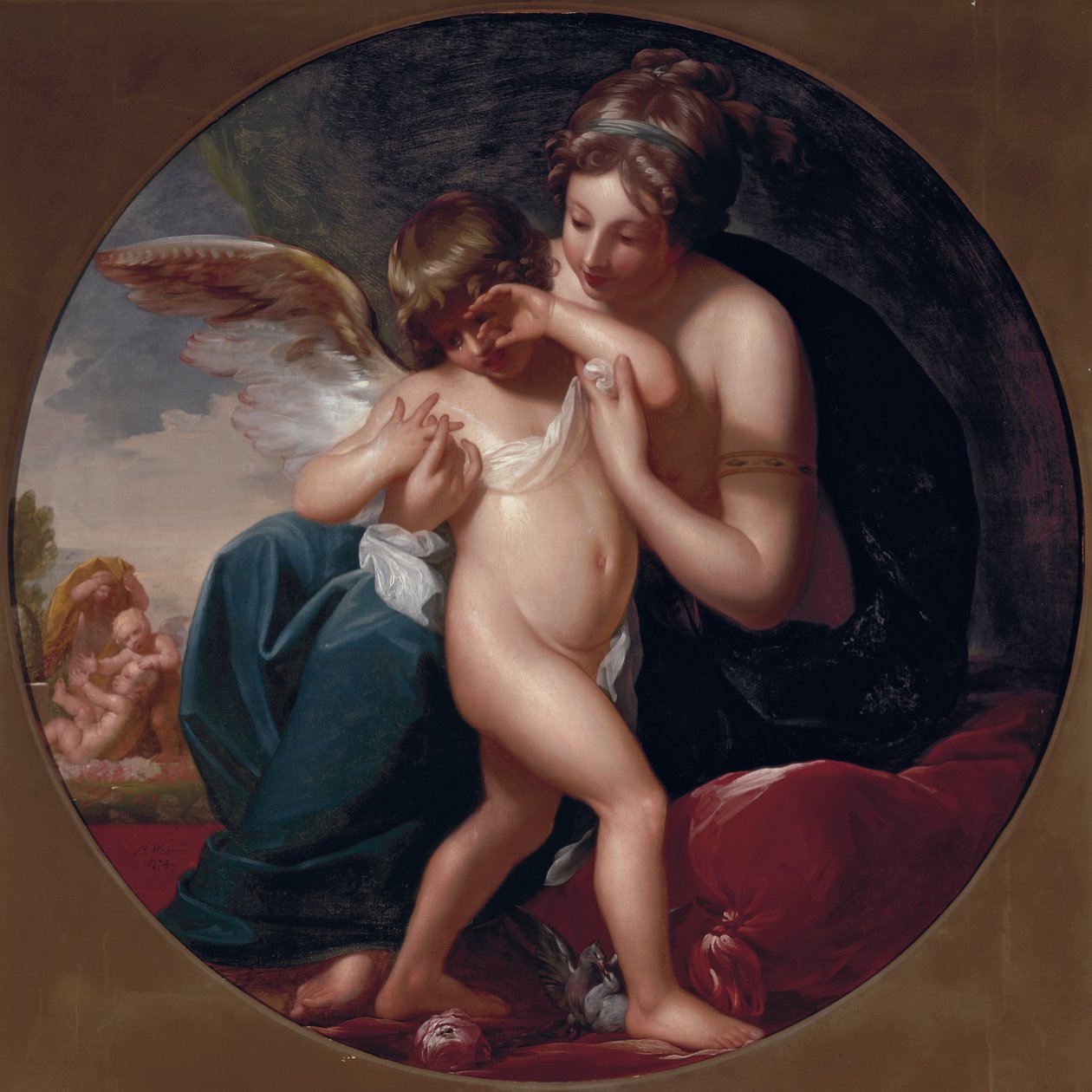Ámor, akit egy méh csípett meg, édesanyja dédelgeti, 1774 alkotó: Benjamin West