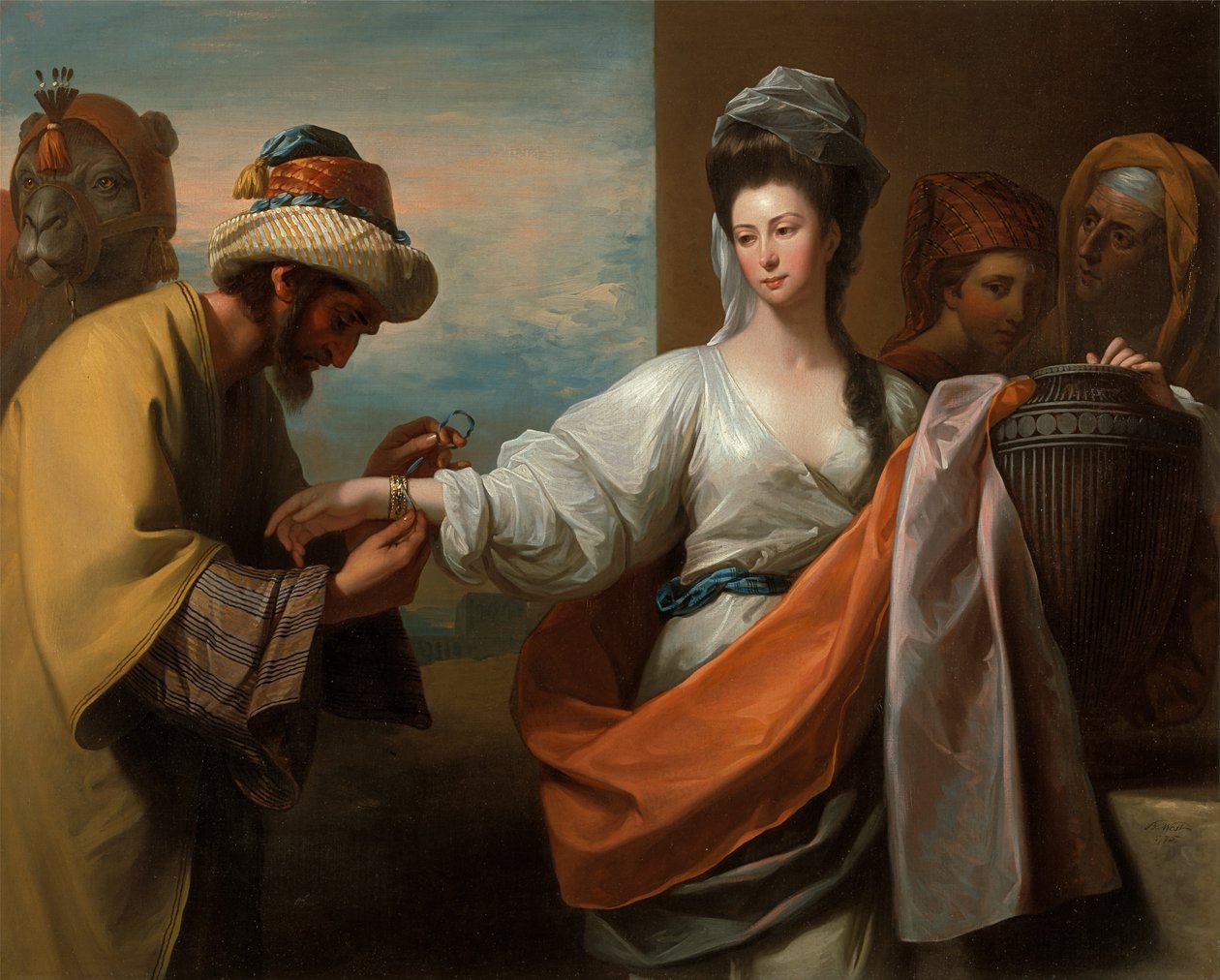 Izsák szolgája megkötözi a karkötőt Rebeccas karján alkotó: Benjamin West
