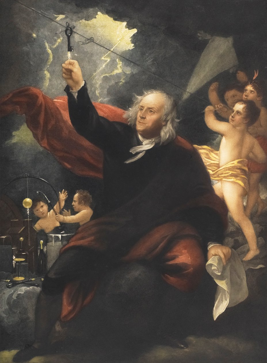 Benjamin Franklin sárkánykísérlet. (nyomtatás) alkotó: Benjamin (after) West