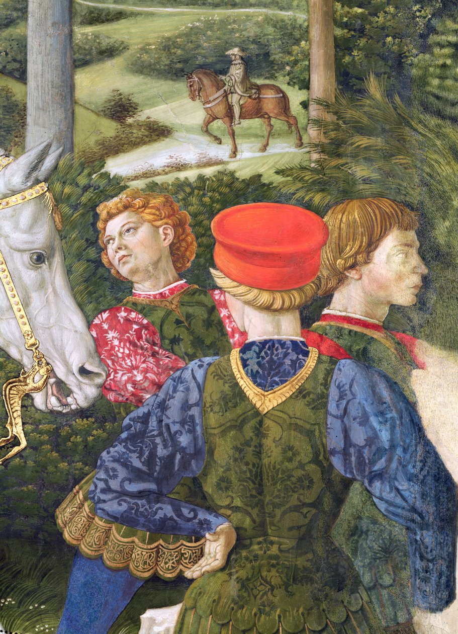 Mesterséges kísérők, részlet a kápolnában lévő Bölcsek útja ciklusból, 1460 körül. alkotó: Benozzo di Lese di Sandro Gozzoli