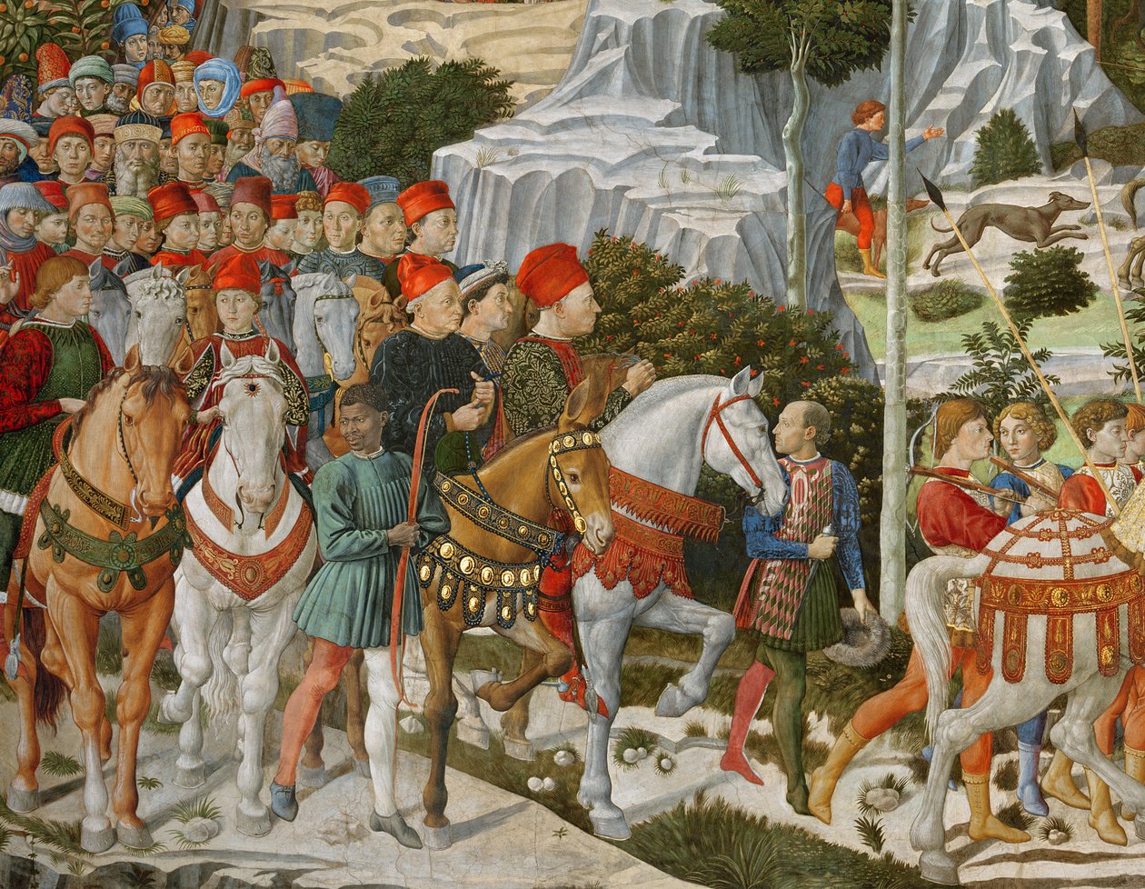 A mágusok utazása Betlehembe, a kápolna jobb oldali fala, 1460 körüli freskórészlet a 70619-ből alkotó: Benozzo di Lese di Sandro Gozzoli