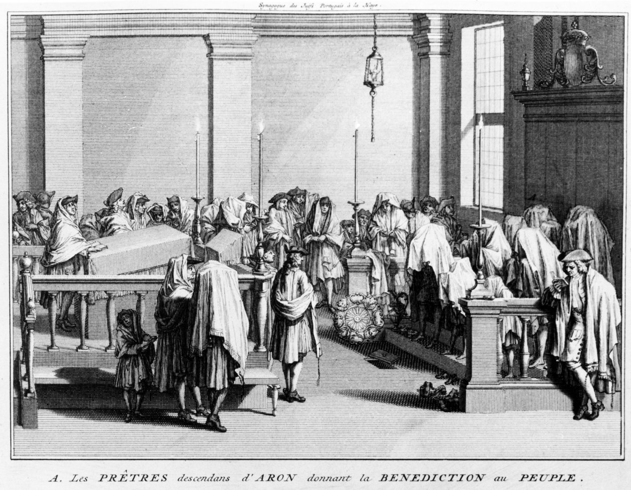 A papi áldás (Birkat Kohanim), amelyet a Kohanim, a léviták papi törzse (Áron leszármazottai) adott a népnek a zsinagógai istentiszteletek során; 1725 alkotó: Bernard Picart