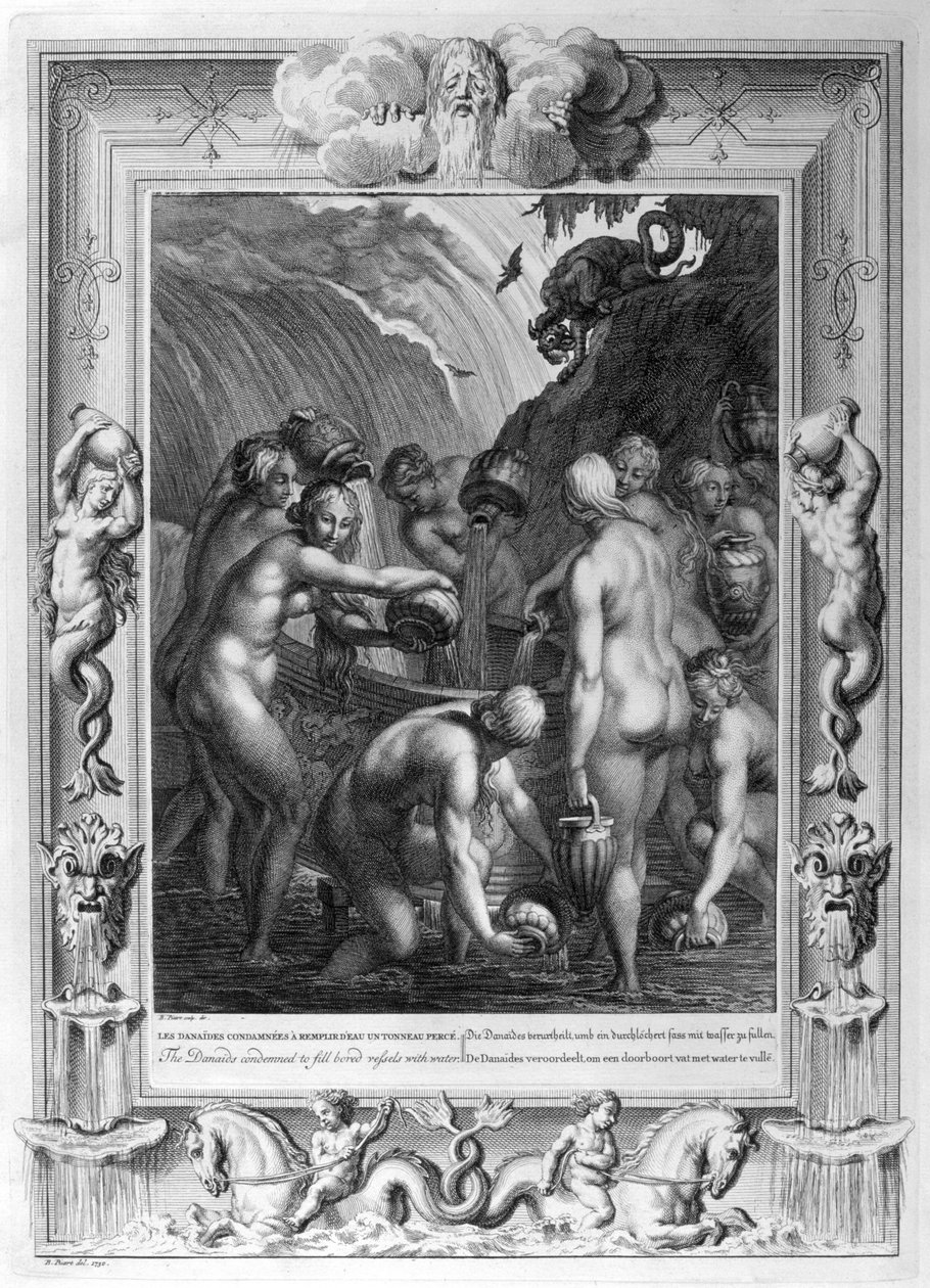 A Danaidák, akiket arra ítéltek, hogy perforált edényeket töltsenek vízzel, 1733 alkotó: Bernard Picart