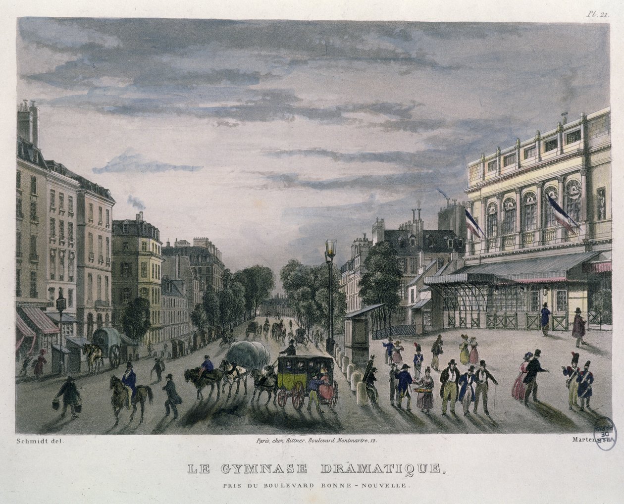 A Gymnase Dramatique színház, Párizs, 1832 (színes metszet) alkotó: Bernhard Schmidt