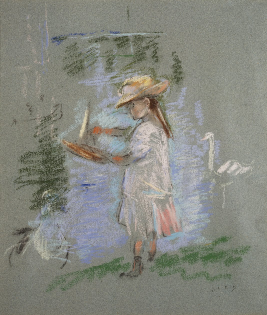 Julie rózsaszínben a tóparton alkotó: Berthe Morisot