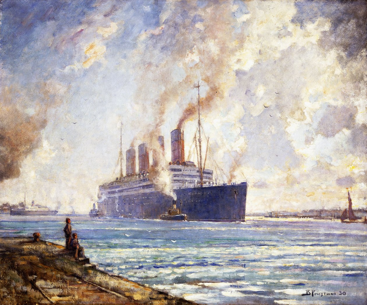 Az Aquitania jön a Southampton Water felé alkotó: Bertram Priestman