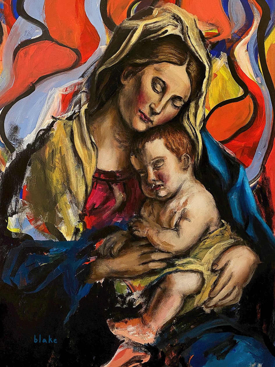 Madonna és gyermek, 2020 körül (akril, vászon) alkotó: Blake Munch
