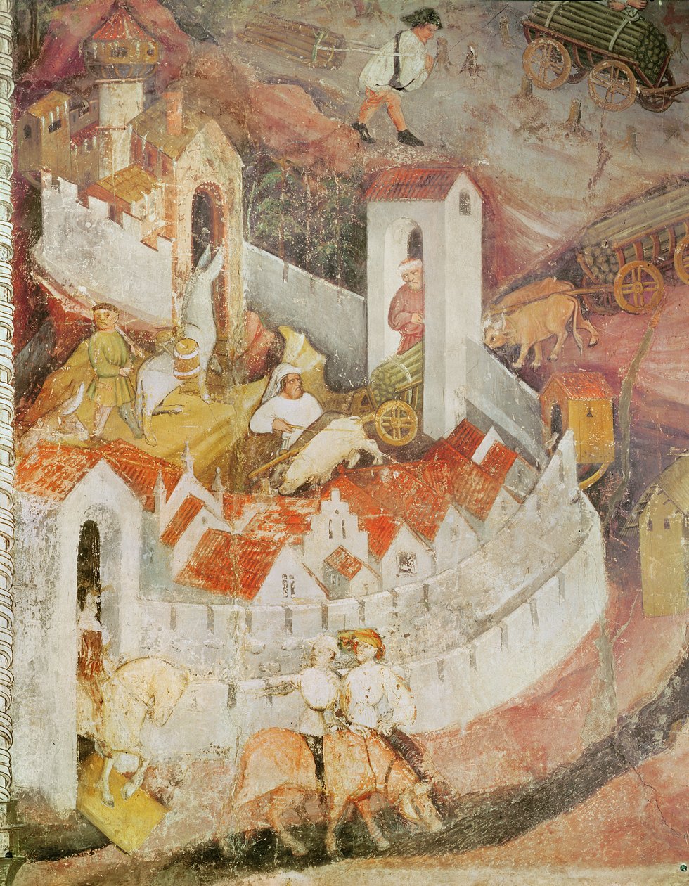 December hónap, részlet a fatörzsek szállításáról, 1400 körül alkotó: Bohemian School