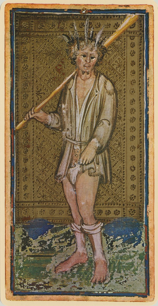 A bolond, egy tarot kártya faksza a „Visconti” pakliból, 1441-47 alkotó: Bonifacio Bembo