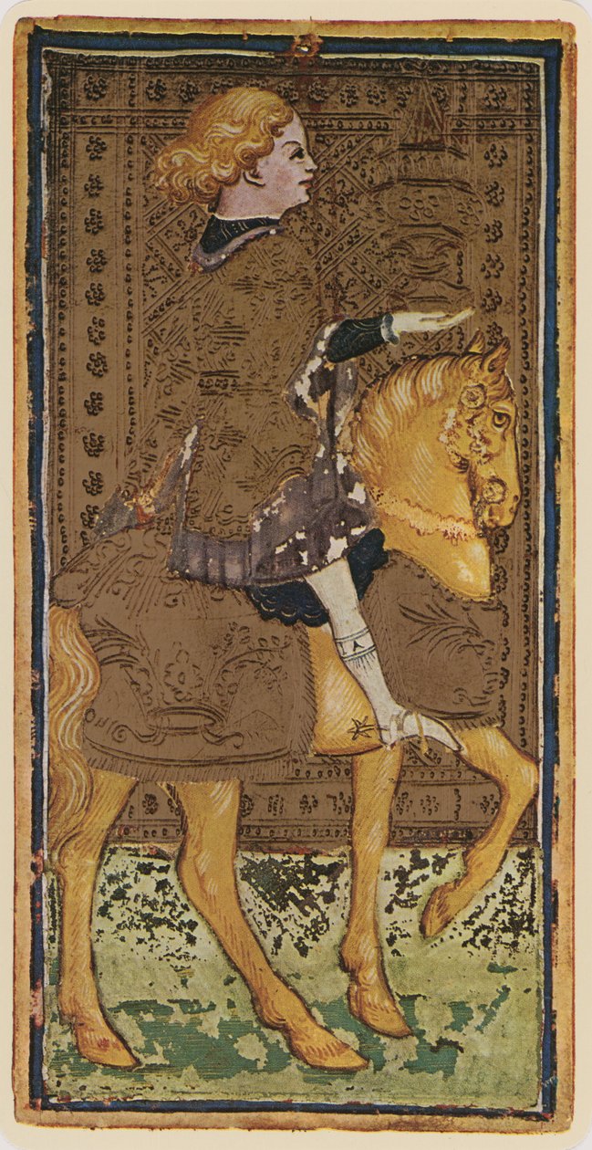 A Kupa lovagja, egy tarot kártya fakszimiléje a "Visconti" pakliból, 1441-47. alkotó: Bonifacio Bembo