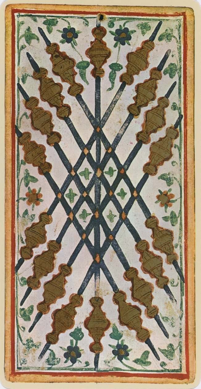 The Nine of Wands, egy tarot kártya faksza a „Visconti” pakliból, 1441-47 alkotó: Bonifacio Bembo