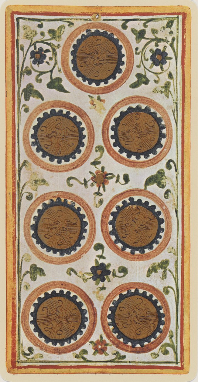 A Seven of Coin, egy tarot kártya faksza a „Visconti” pakliból, 1441-47 alkotó: Bonifacio Bembo