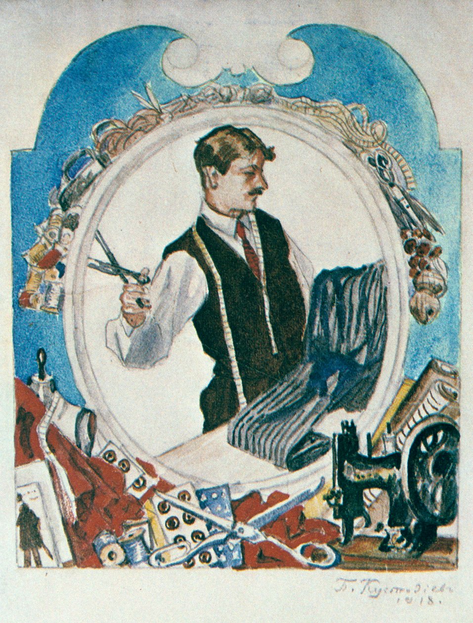 "A szabó", 1918. alkotó: Boris Mikhailovich Kustodiev