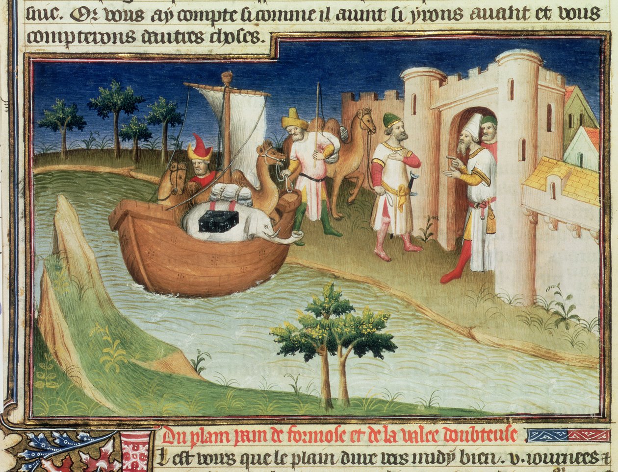 Ms Fr 2810 f.14v, Marco Polo elefántokkal és tevékkel, akik Indiából, a „Livre des Merveilles du Monde”-ból érkeznek a Perzsa-öbölben fekvő Hormuzba, 1410-1412 körül (tempera pergamen) alkotó: Boucicaut Master