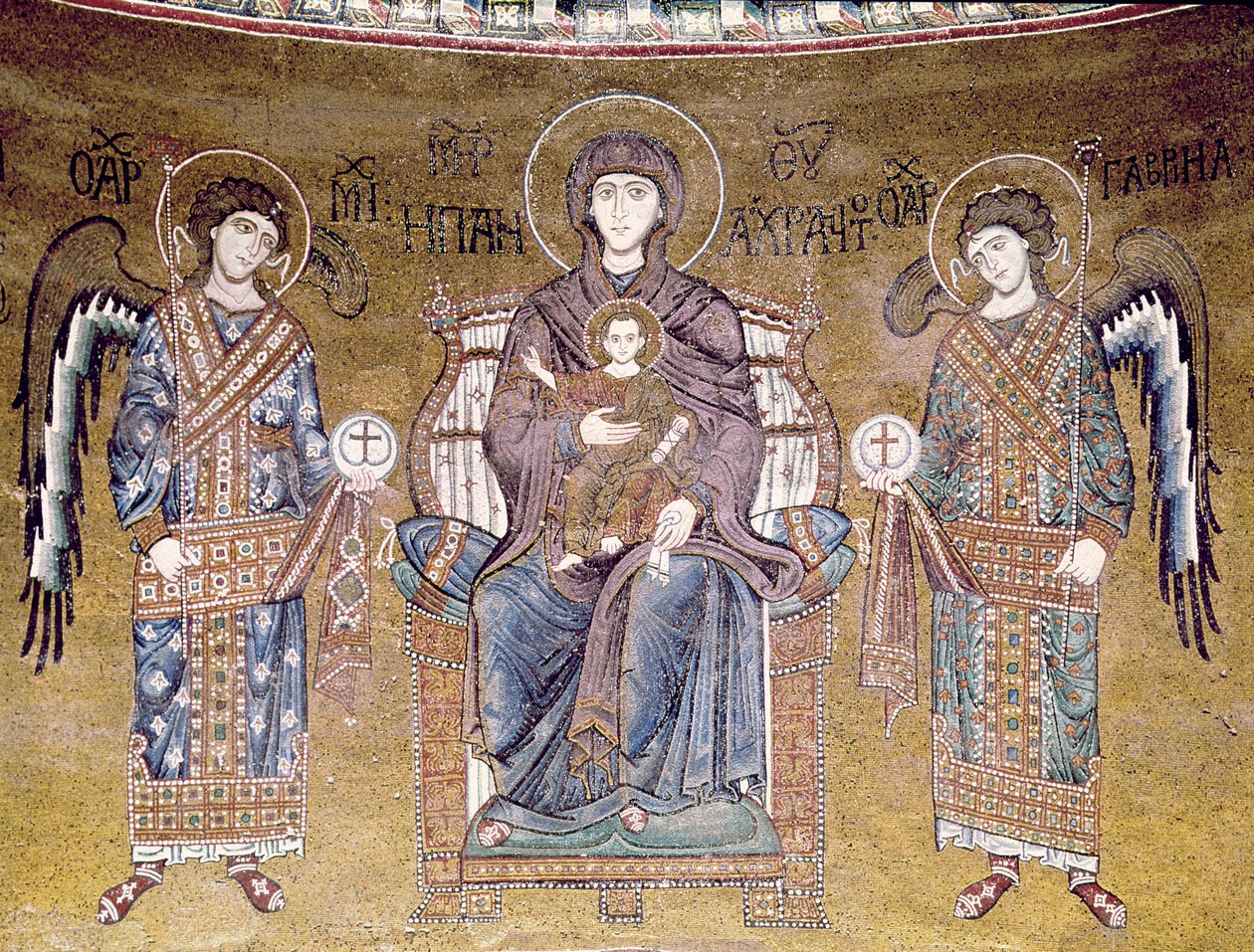 A Szűz és a Gyermek két angyal között trónol, az apszisból (mozaik) alkotó: Byzantine School