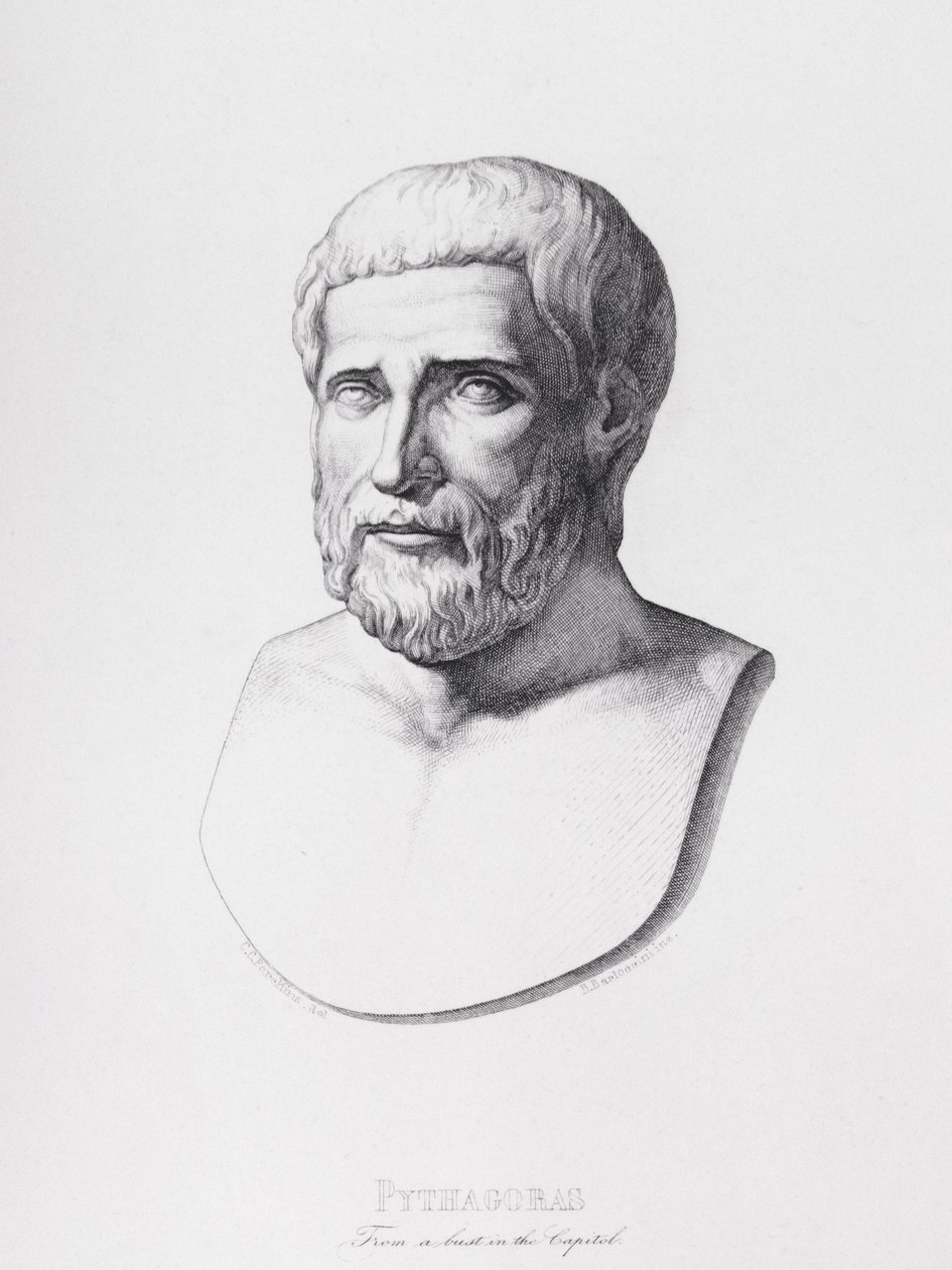 Pythagoras (i.e. 580-500 körül) portréja, B. Barloccini metszete, 1849 alkotó: C.C Perkins