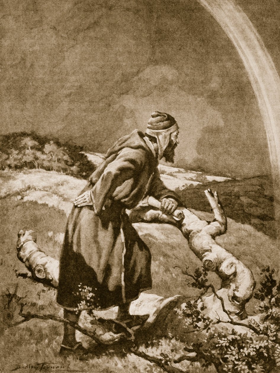 Roger Bacon a szivárványt tanulmányozza (litho) alkotó: C. Dudley Tennant