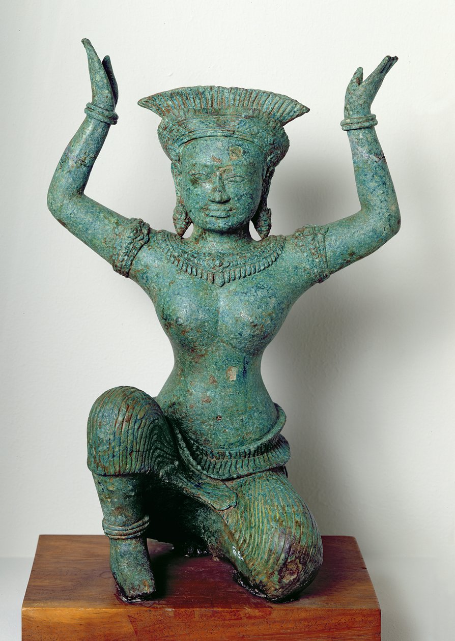 Térdelő női alak, amely tükör alátámasztására szolgál, Angkor Thomtól (bronz) alkotó: Cambodian School