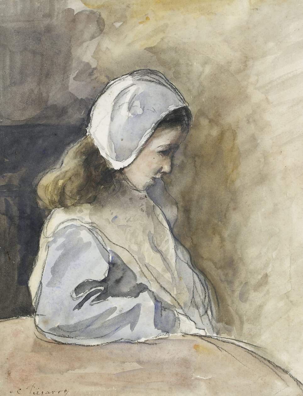 Jeanne-Rachel Pissarro egy asztalnál ül, c. 1872 (akvarell fekete krétával) alkotó: Camille Jacob Pissarro