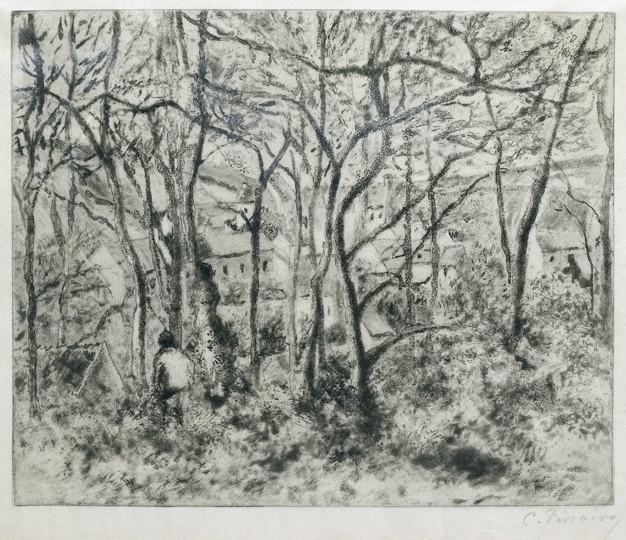 Tájkép az erdő alatt, az Ermitázsban (Pontoise), 1879 (akvatinta és száraztű) alkotó: Camille Jacob Pissarro