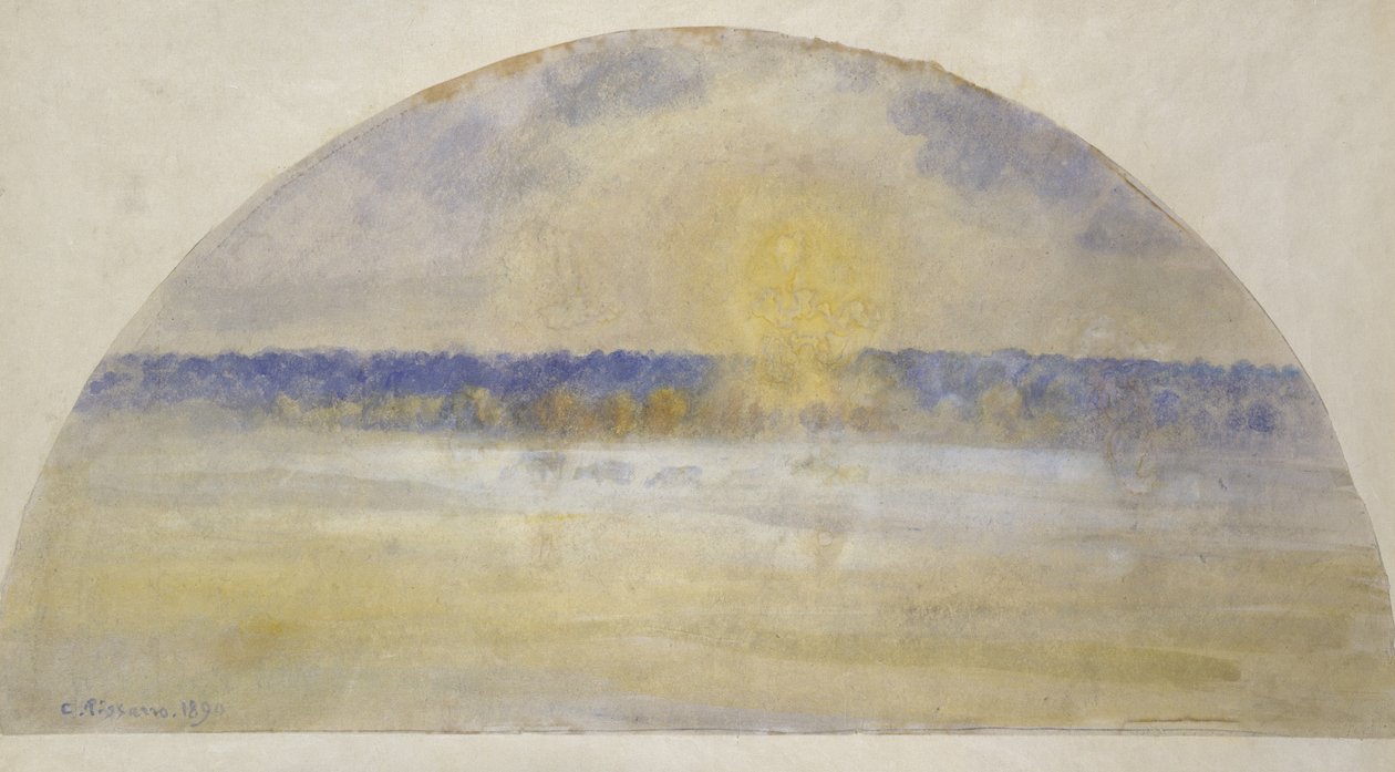 Naplemente és köd, Eragny (temperával kevert akvarell, japán velúrpapírra fektetett japán velúr) alkotó: Camille Jacob Pissarro