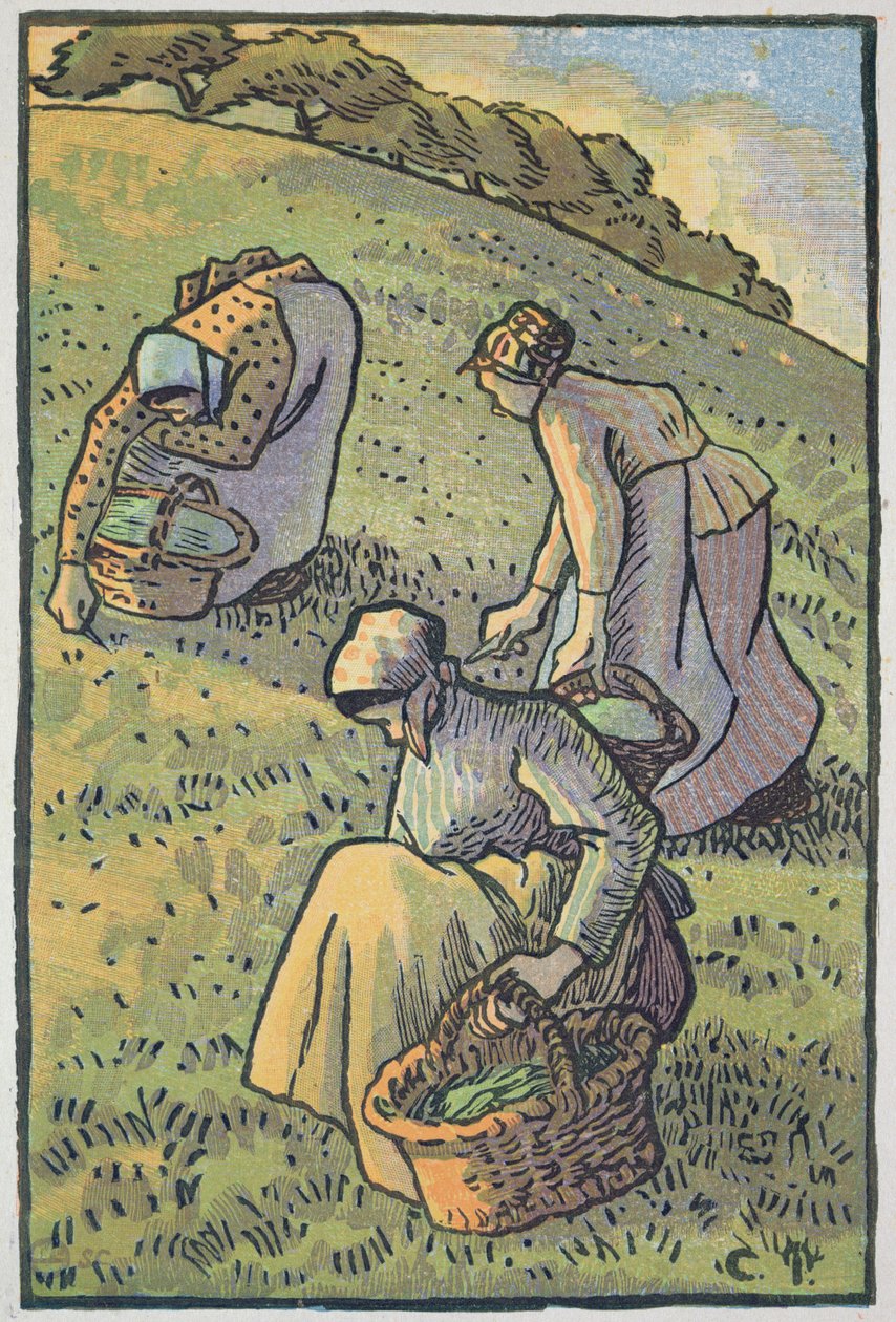 Gombát gyűjtögető nők, a „Travaux des Champs”-ból, Lucien Pissarro (1863-1944) metszetében, 1893-ban Londonban alkotó: Camille Jacob Pissarro