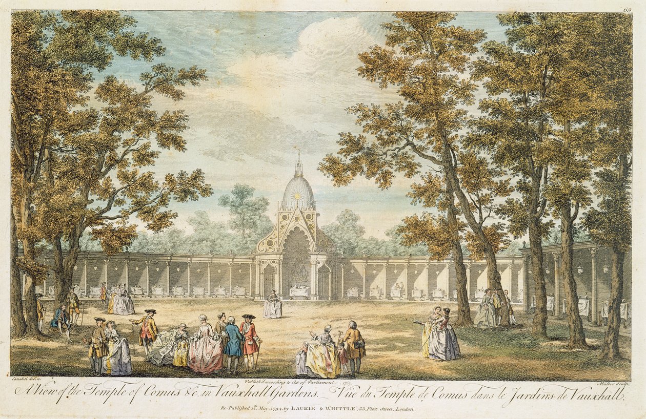 A Vauxhall Gardens-i Comus-templom látképe, Muller metszete, újra kiadva 1794-ben alkotó: Canaleti